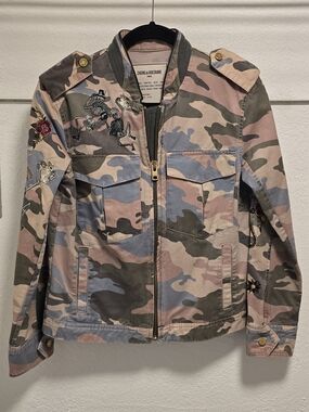 Zadig & Voltaire Pink Camouflage Embroidered Military-Style Bomber Jacket